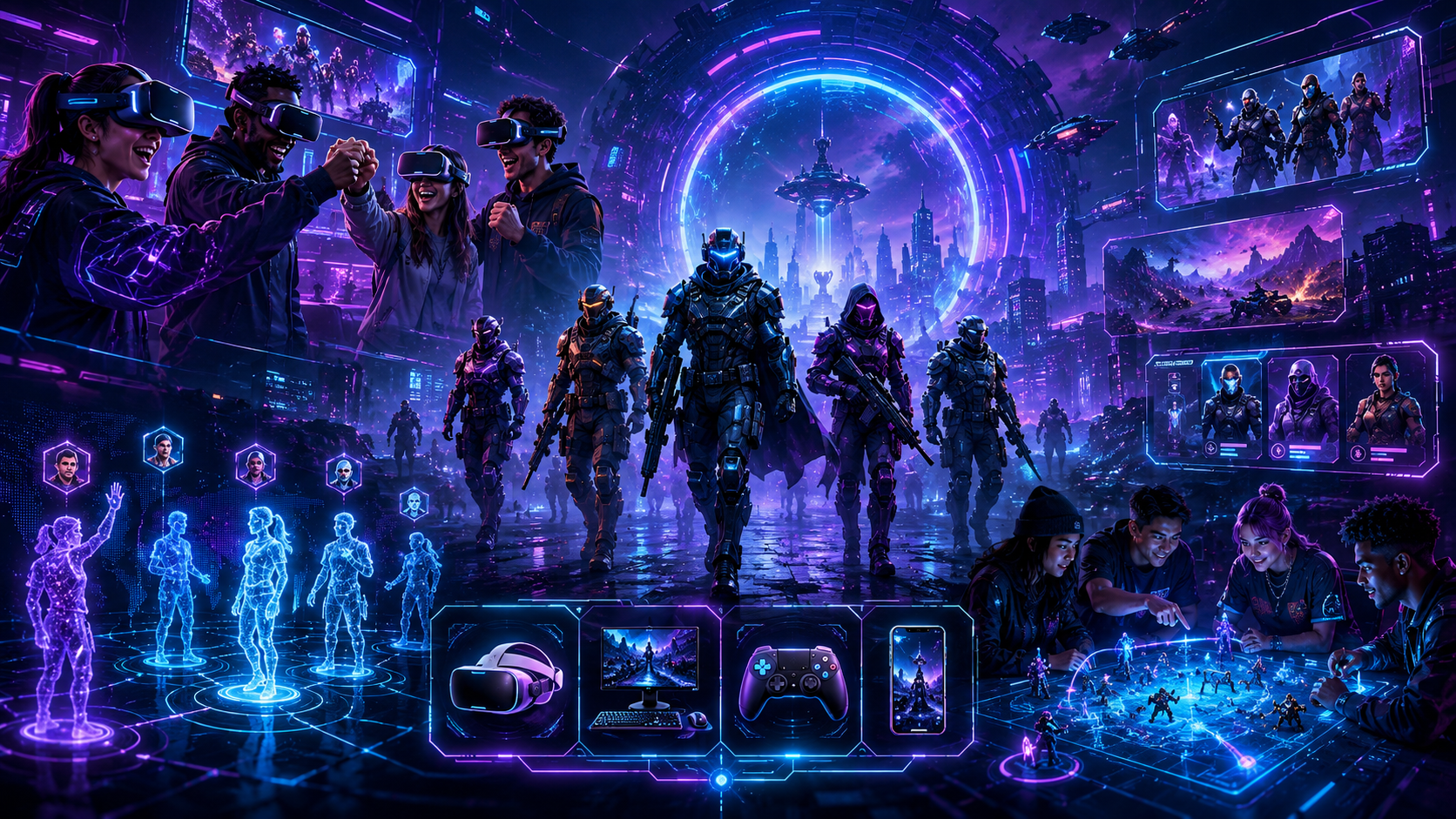 Multiplayer VR and cross-platform gaming collage showing squads, avatars, and connected players.